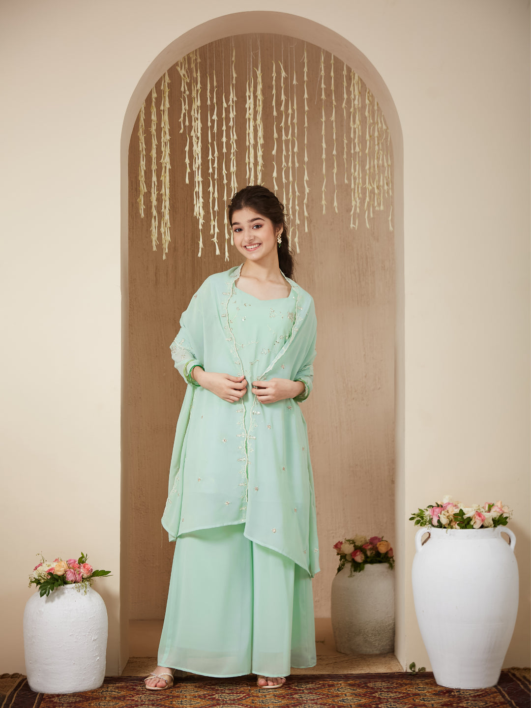 Mint Georgette Embroidered Kurta Plazzo & Dupatta Set for Girls
