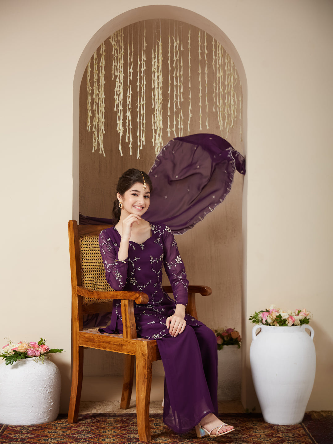 Violet Georgette Embroidered Kurta Plazzo & Dupatta Set for Girls
