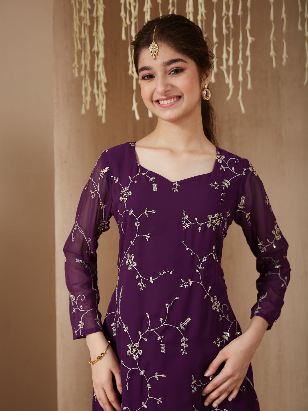 Violet Georgette Embroidered Kurta Plazzo & Dupatta Set for Girls