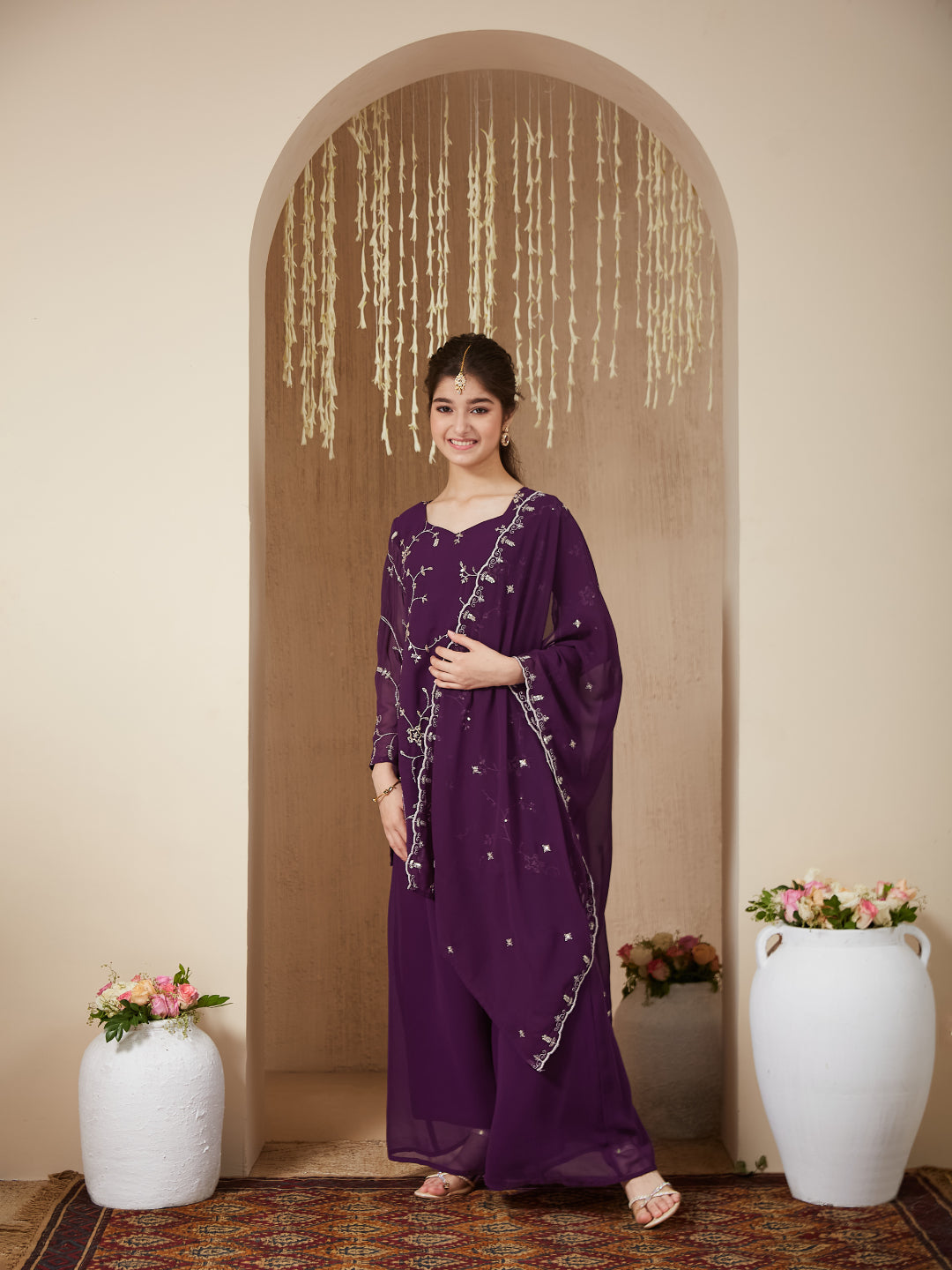 Violet Georgette Embroidered Kurta Plazzo & Dupatta Set for Girls
