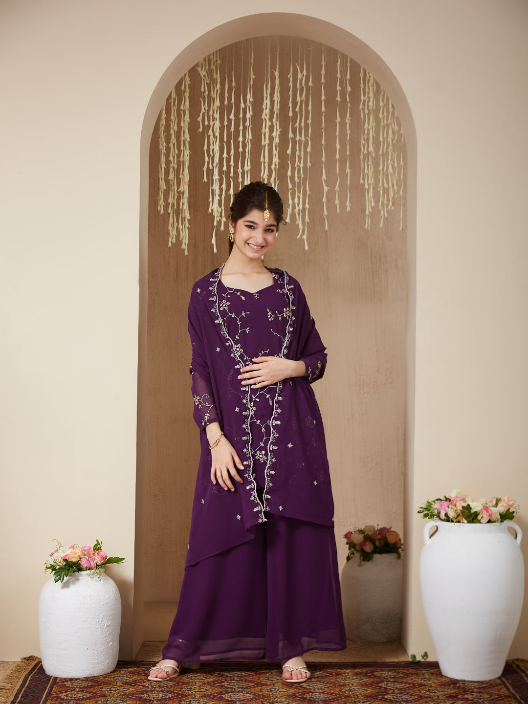 Violet Georgette Embroidered Kurta Plazzo & Dupatta Set for Girls