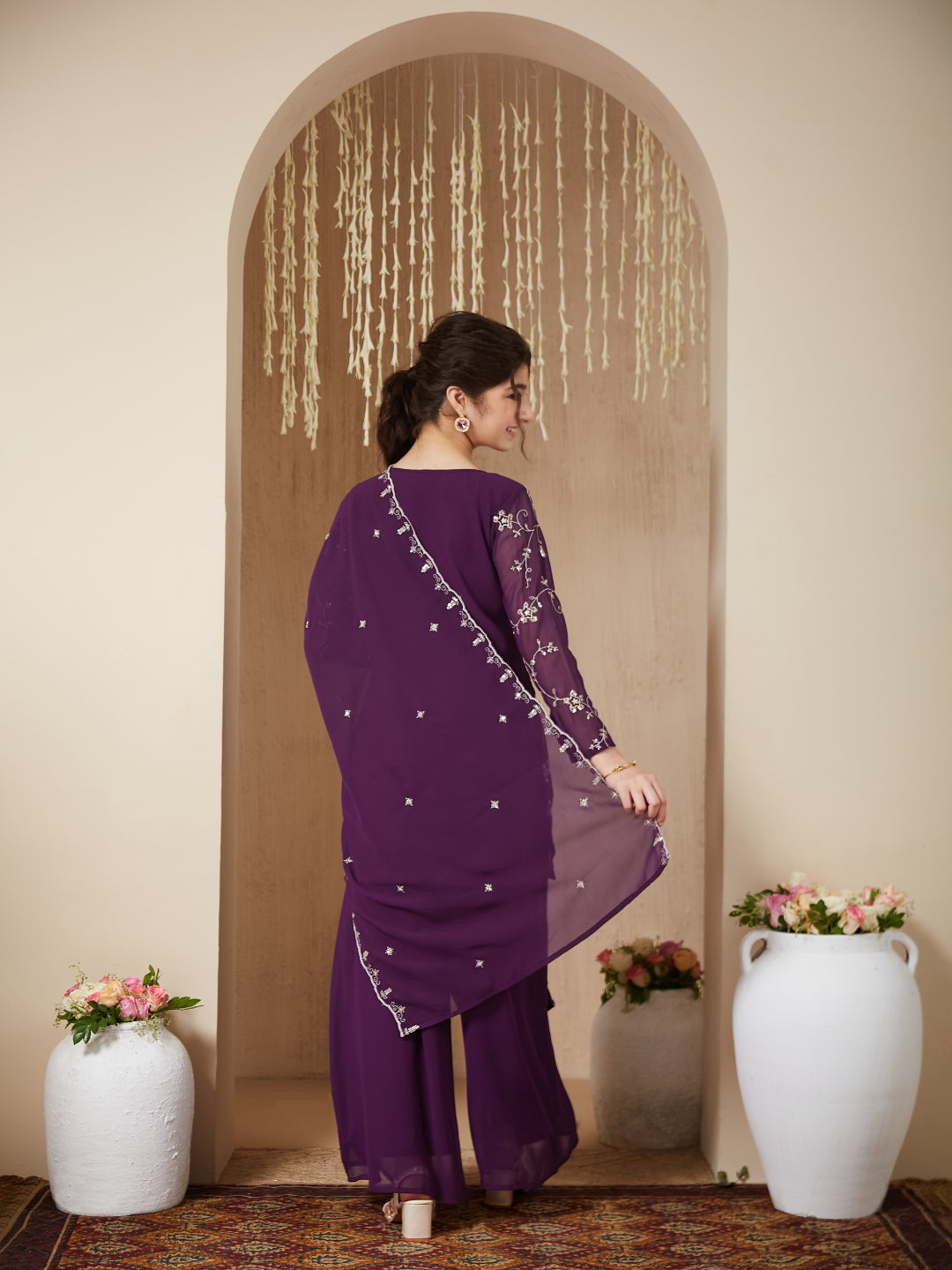 Violet Georgette Embroidered Kurta Plazzo & Dupatta Set for Girls