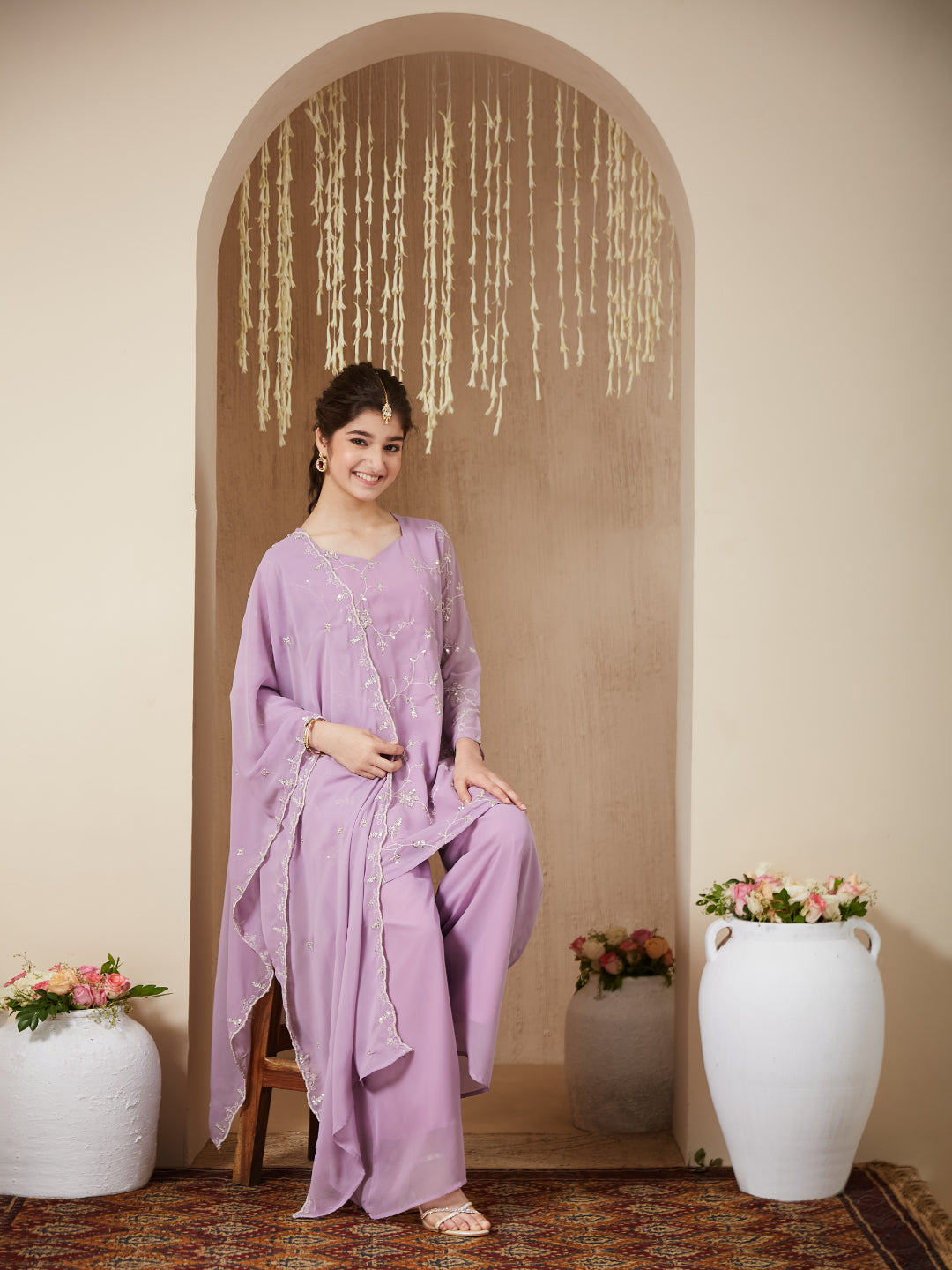 Lavender Georgette Embroidered Kurta Plazzo & Dupatta Set for Girls
