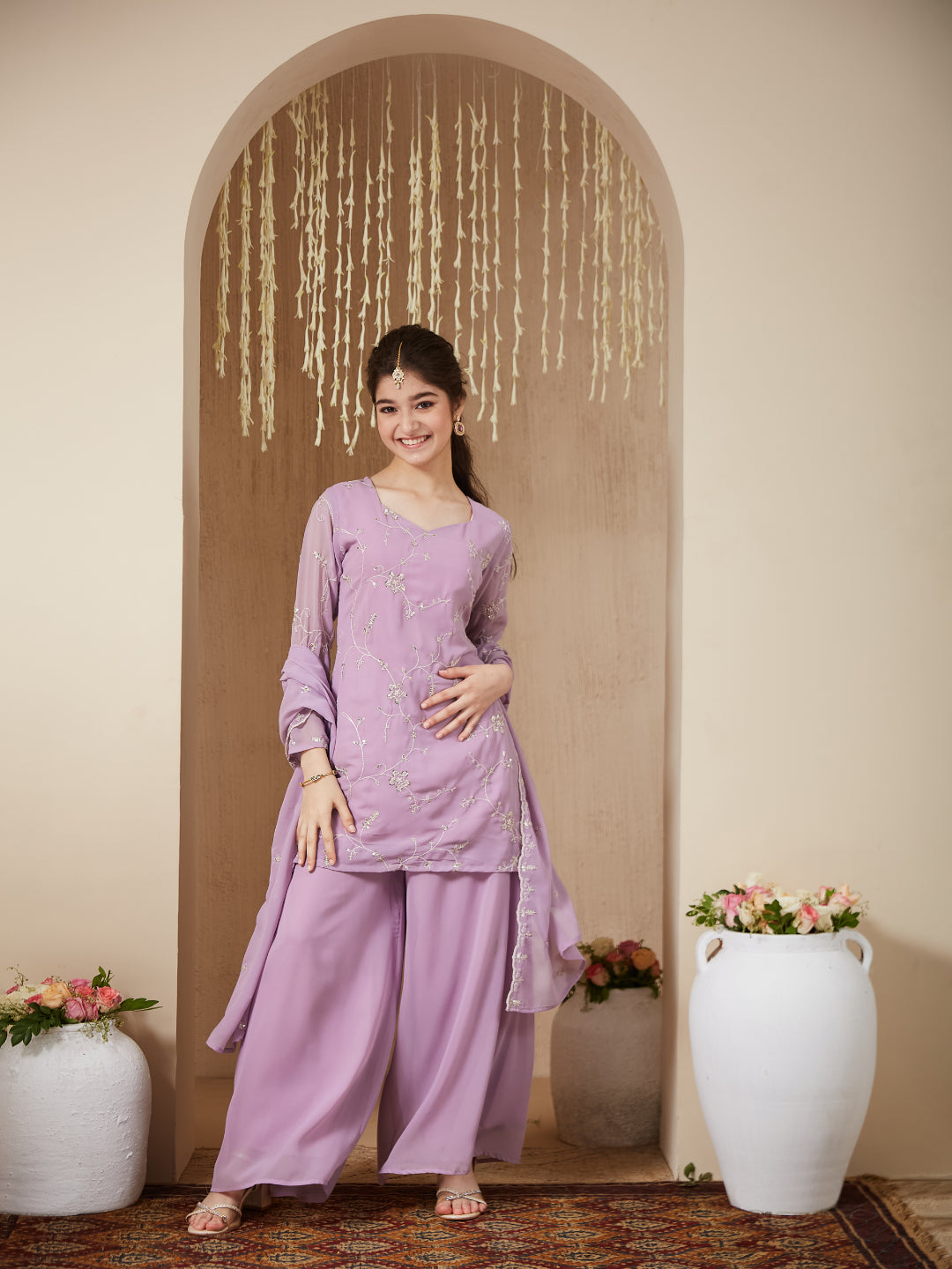 Lavender Georgette Embroidered Kurta Plazzo & Dupatta Set for Girls