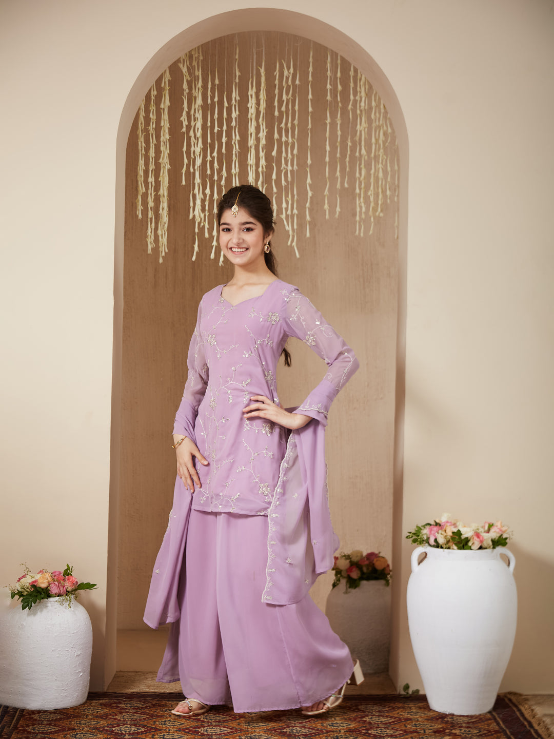 Lavender Georgette Embroidered Kurta Plazzo & Dupatta Set for Girls