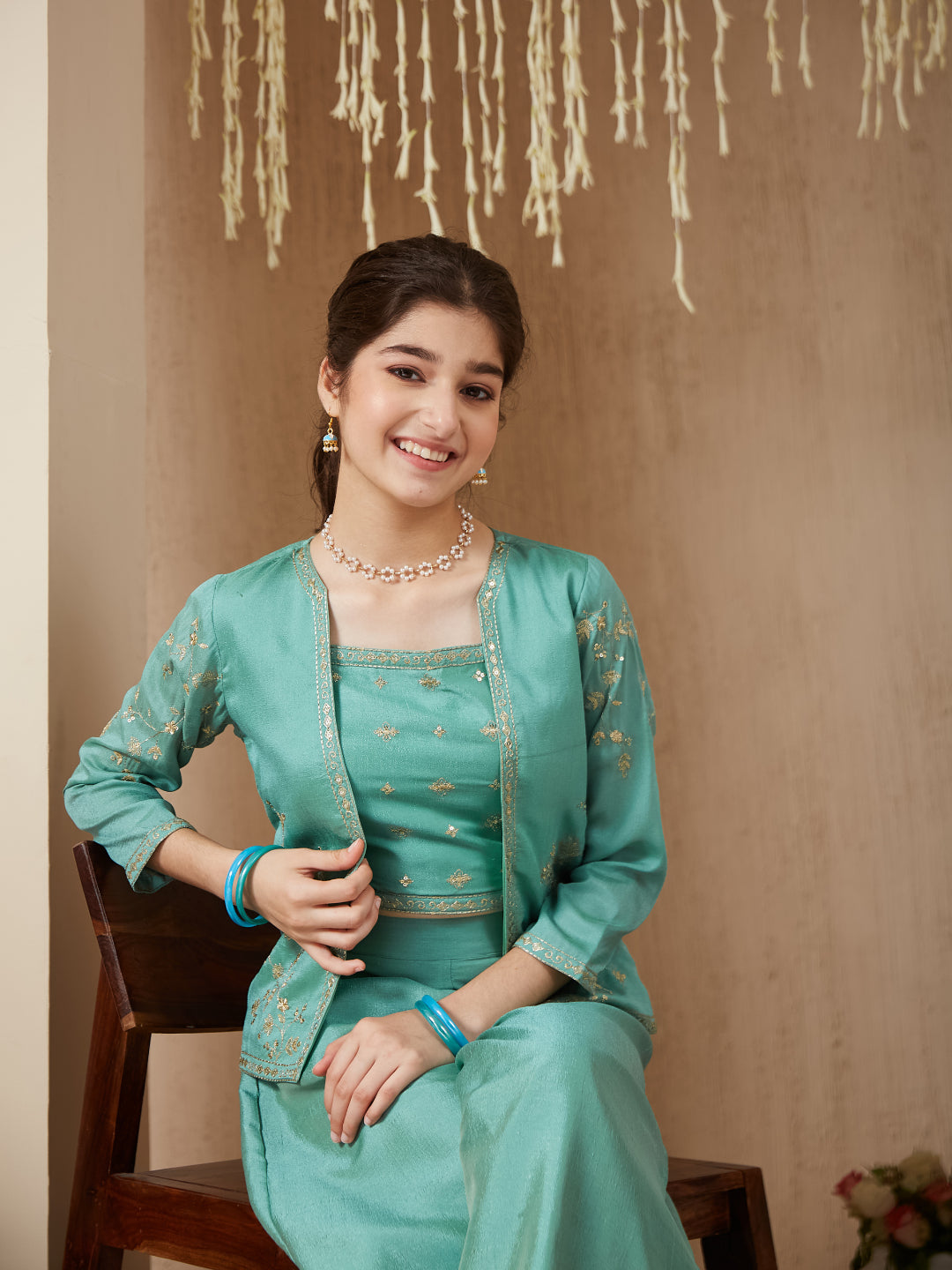 C-Green Silk Embroidered Crop Top Palazzo Set with Jacket for Girls