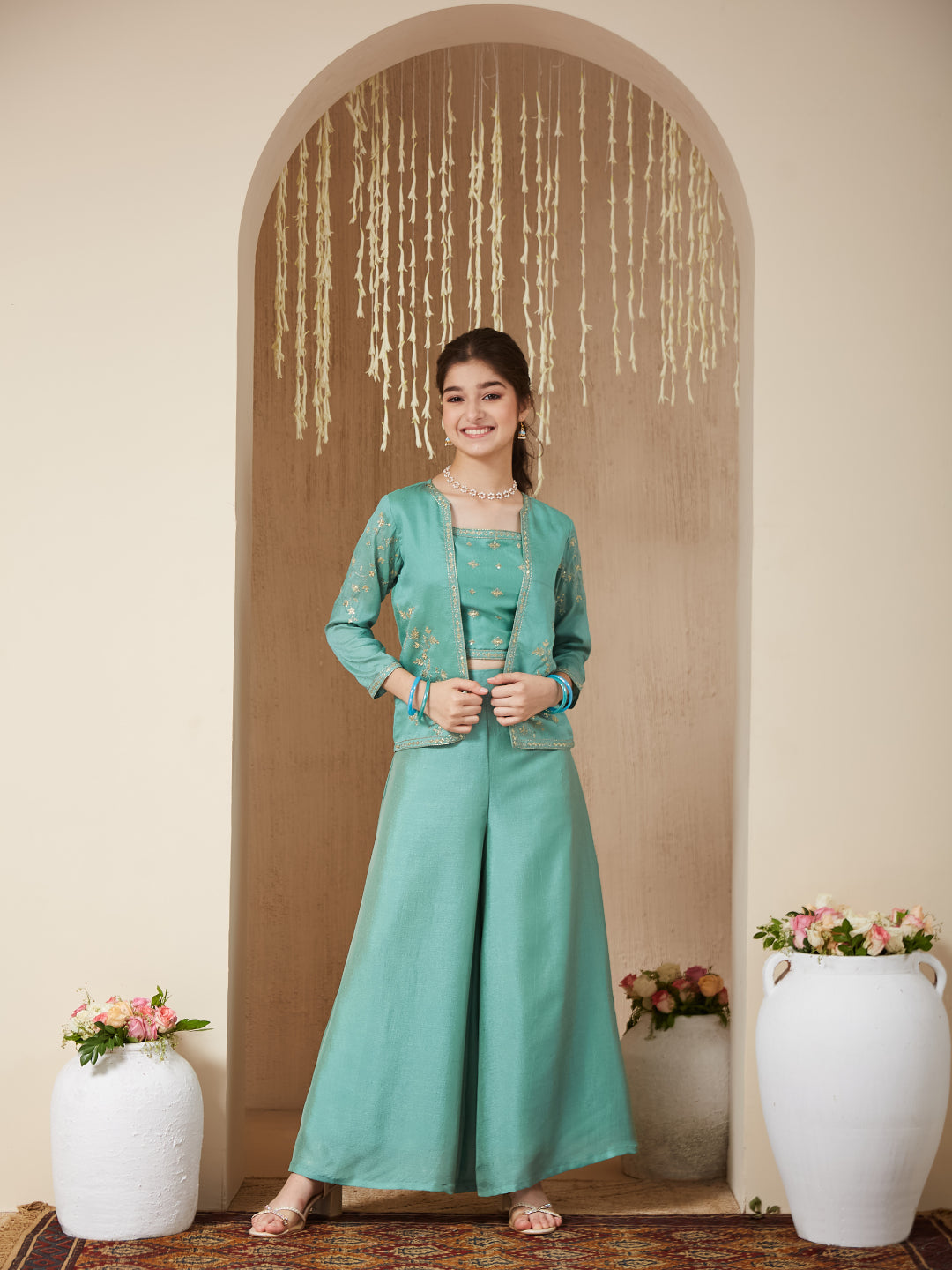C-Green Silk Embroidered Crop Top Palazzo Set with Jacket for Girls