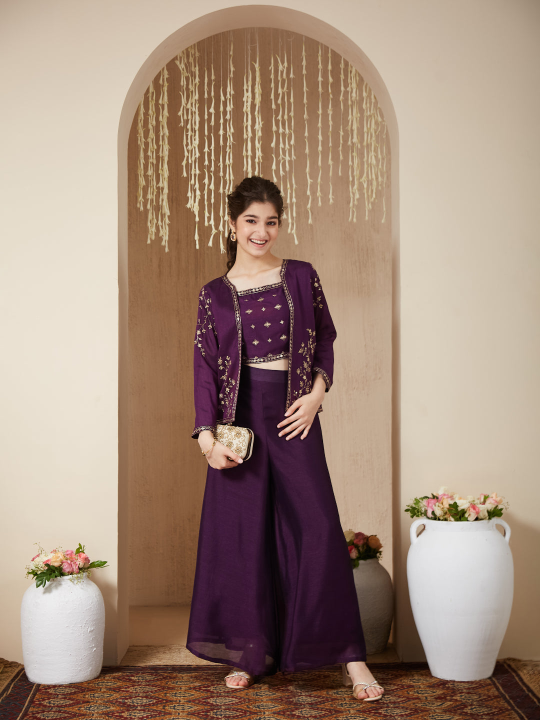 Violet Silk Embroidered Top, Palazzo & Shrug Set for Girls