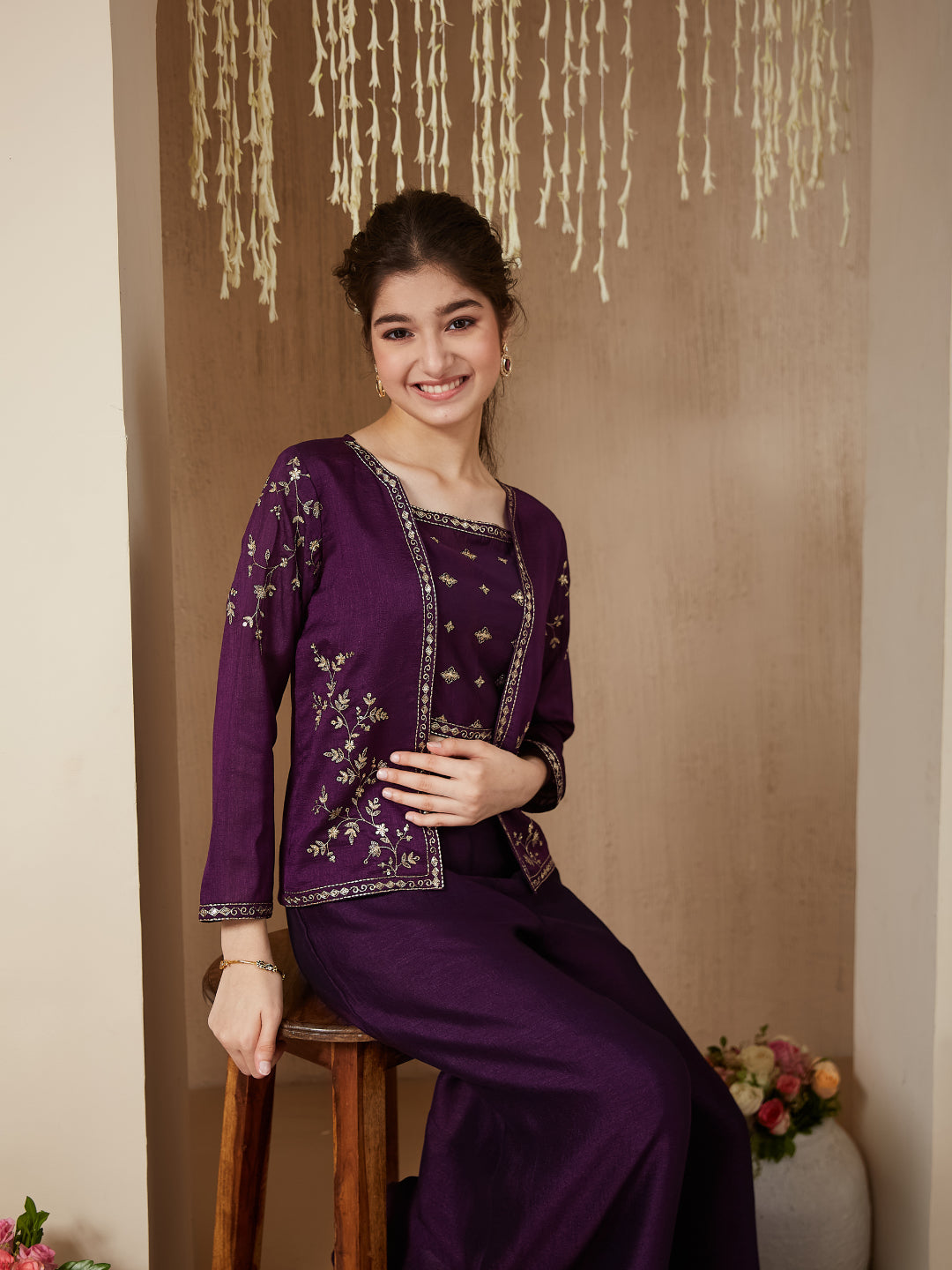 Violet Silk Embroidered Top, Palazzo & Shrug Set for Girls