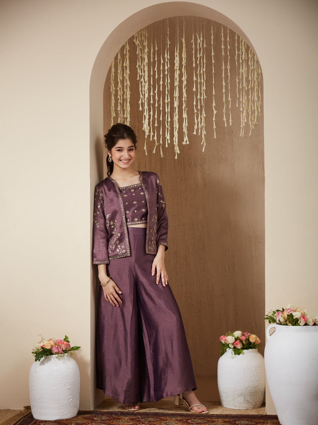 Mauve Silk Embroidered Top, Palazzo & Shrug Set for Girls