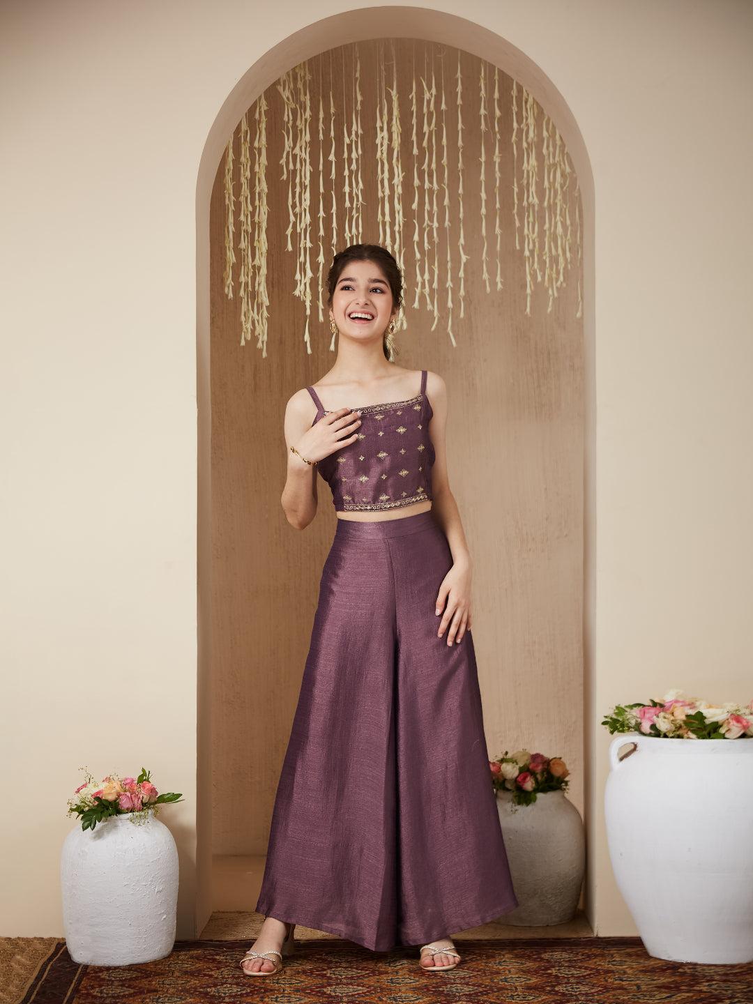 Mauve Silk Embroidered Top, Palazzo & Shrug Set for Girls