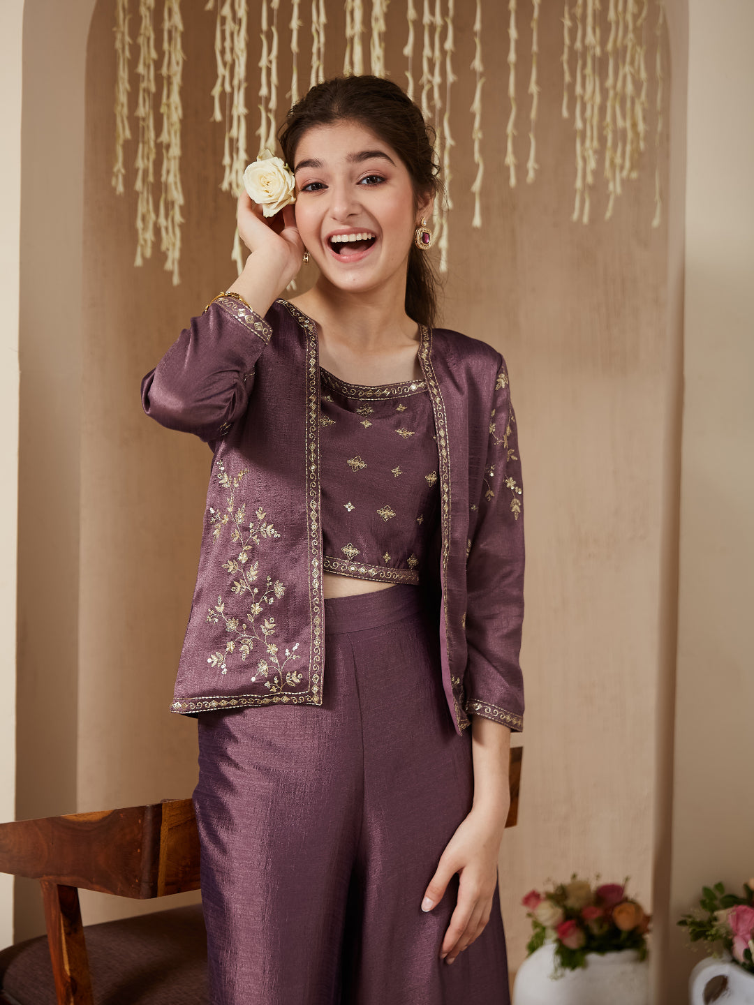 Mauve Silk Embroidered Top, Palazzo & Shrug Set for Girls