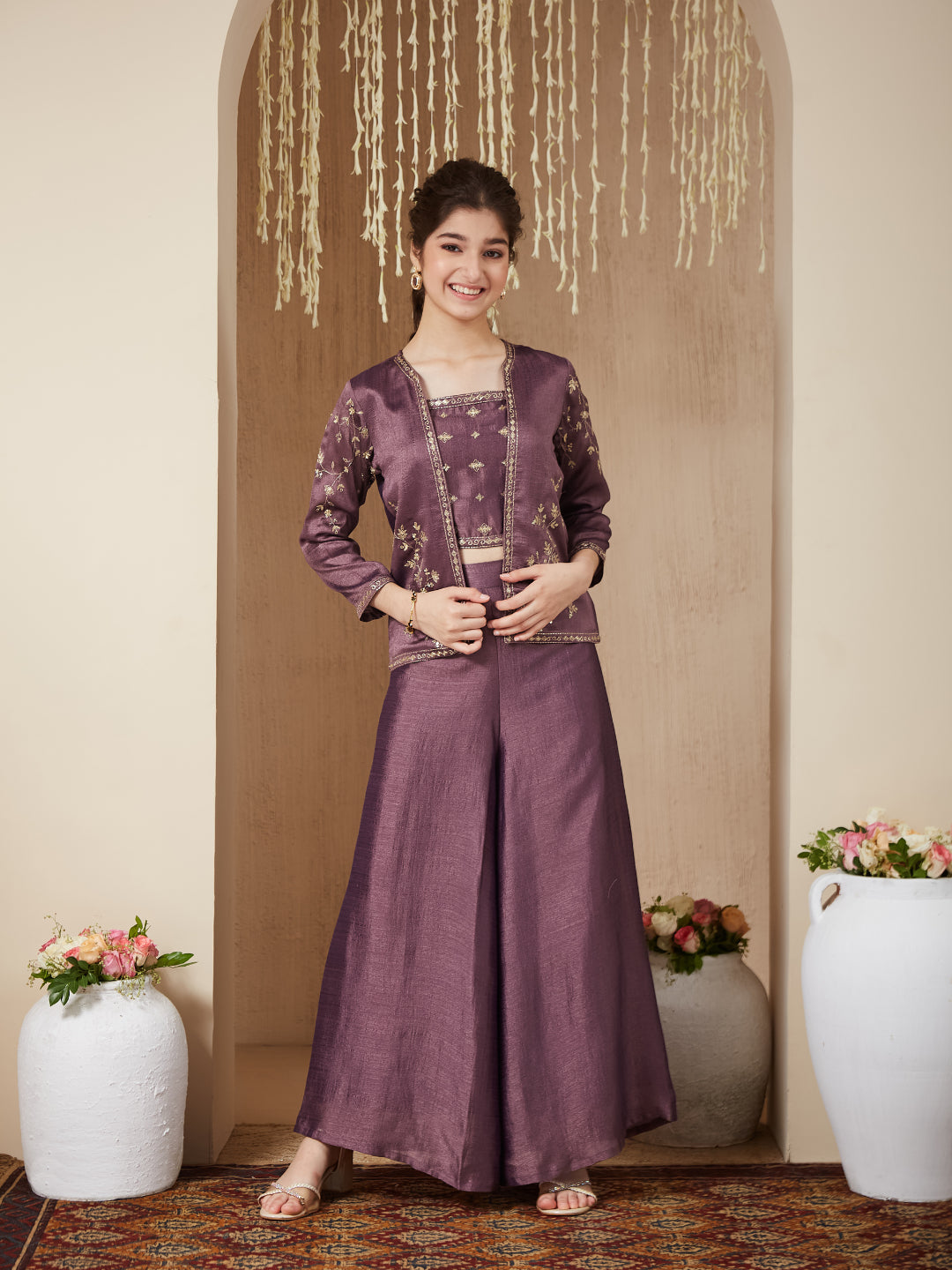 Mauve Silk Embroidered Top, Palazzo & Shrug Set for Girls