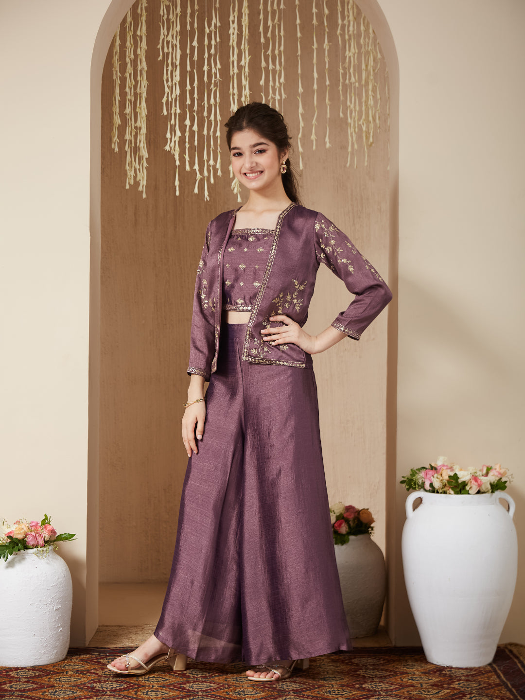 Mauve Silk Embroidered Top, Palazzo & Shrug Set for Girls