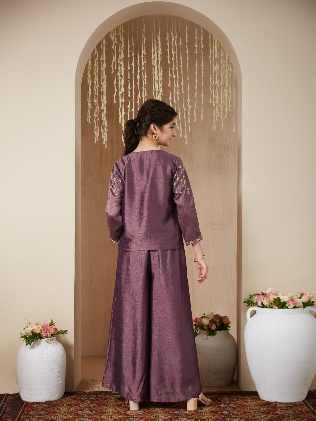 Mauve Silk Embroidered Top, Palazzo & Shrug Set for Girls