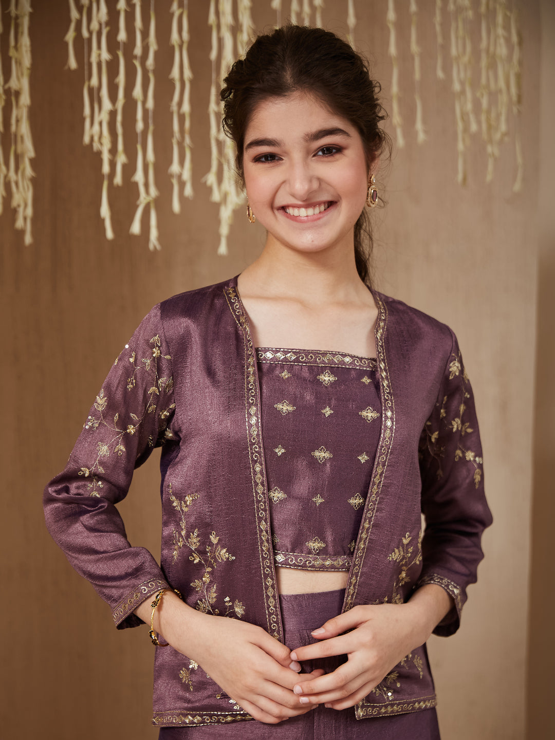Mauve Silk Embroidered Top, Palazzo & Shrug Set for Girls