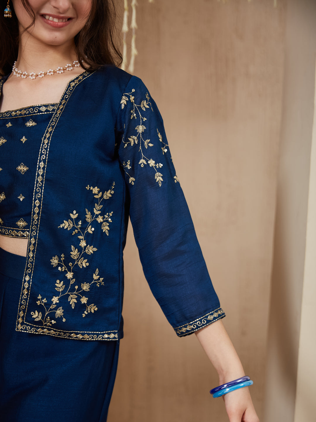 Teal Blue Silk Embroidered Crop Top Palazzo Set with Jacket for Girls