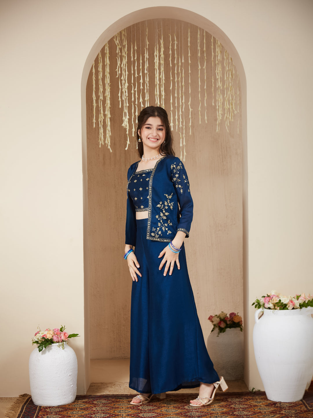 Teal Blue Silk Embroidered Crop Top Palazzo Set with Jacket for Girls