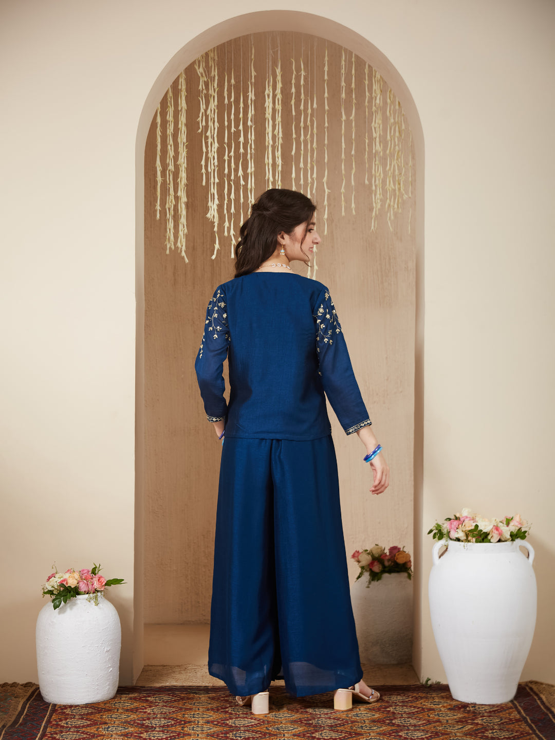 Teal Blue Silk Embroidered Crop Top Palazzo Set with Jacket for Girls