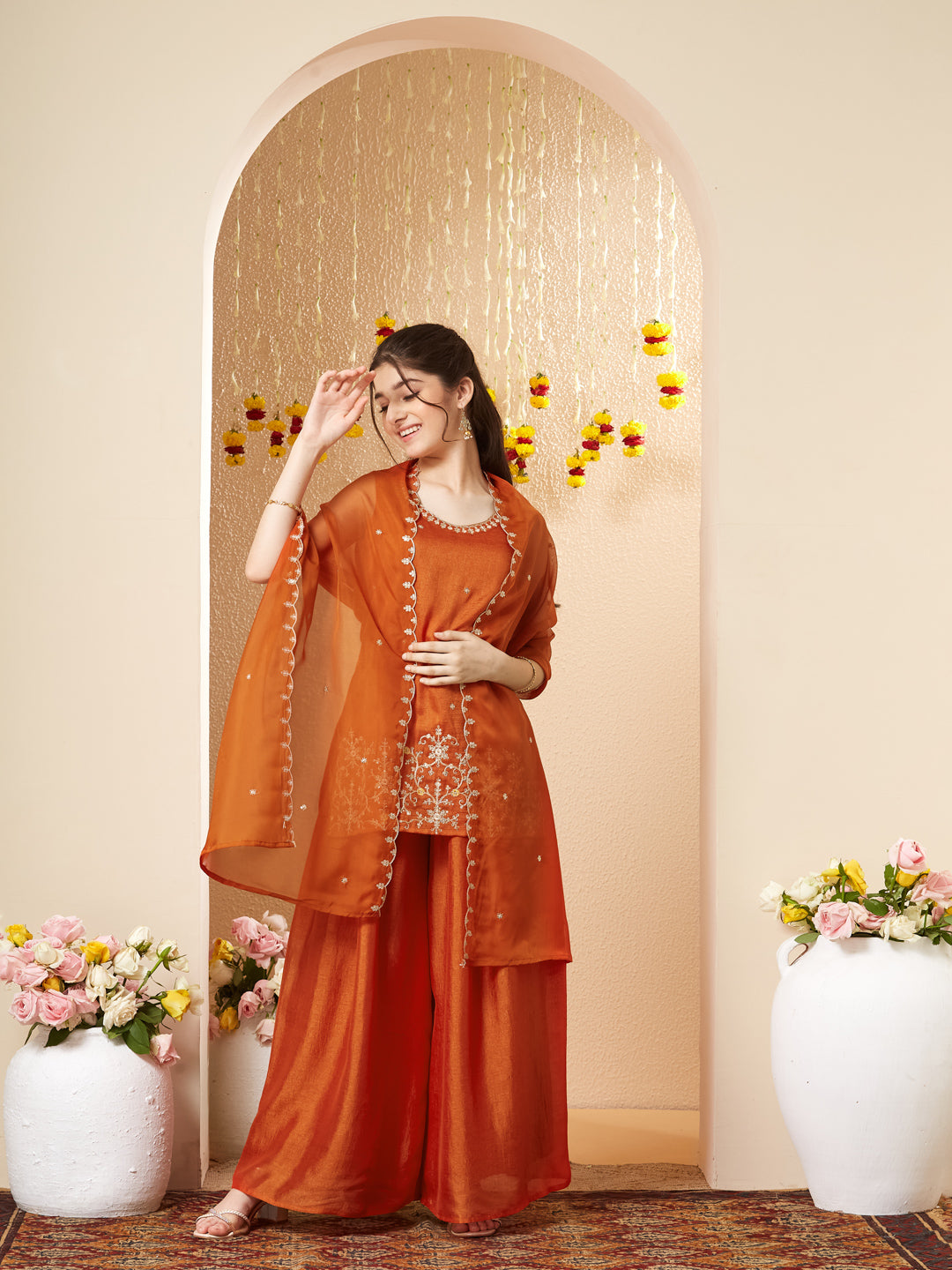 Orange Embroidered Silk Top with Sharara Set for girls