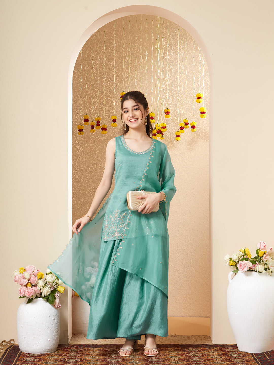 Mint green Embroidered Silk Top with Sharara Set for girls