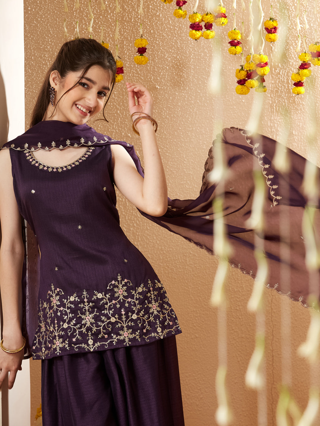 Purple Embroidered Silk Top with Sharara Set for girls