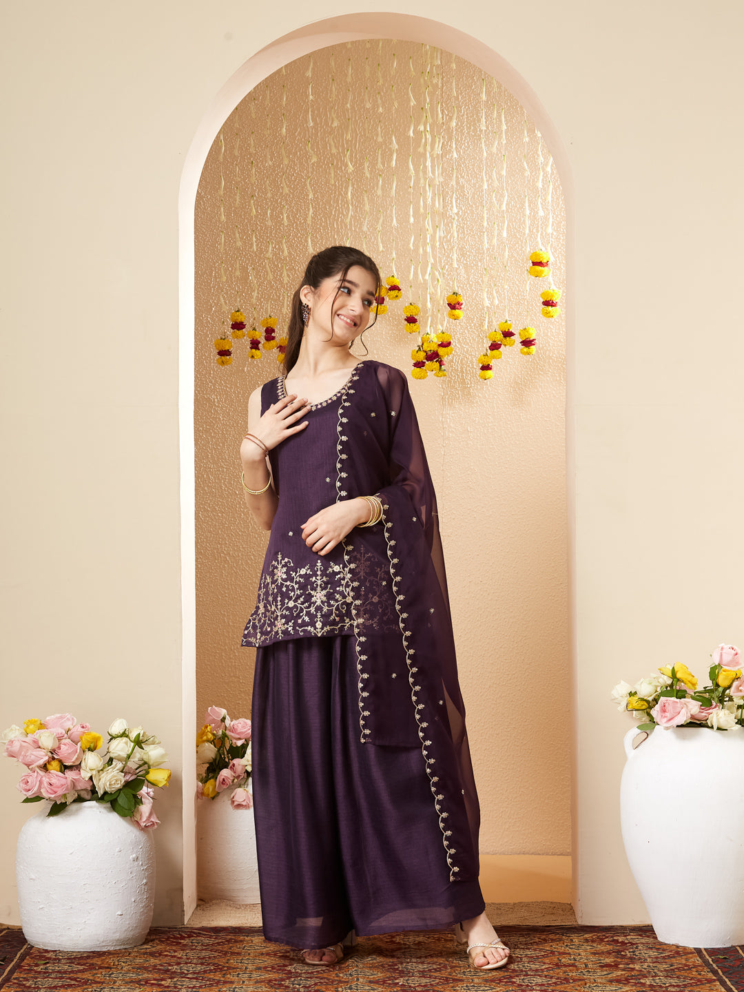 Purple Embroidered Silk Top with Sharara Set for girls