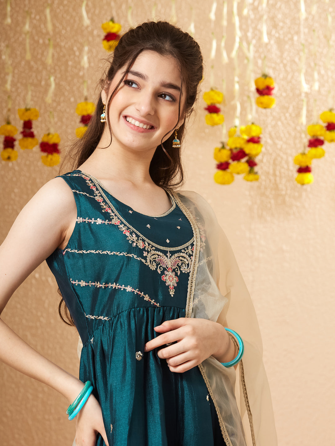 Teal Blue Silk Embroidered Kurta Sharara Set with Dupatta for Girls