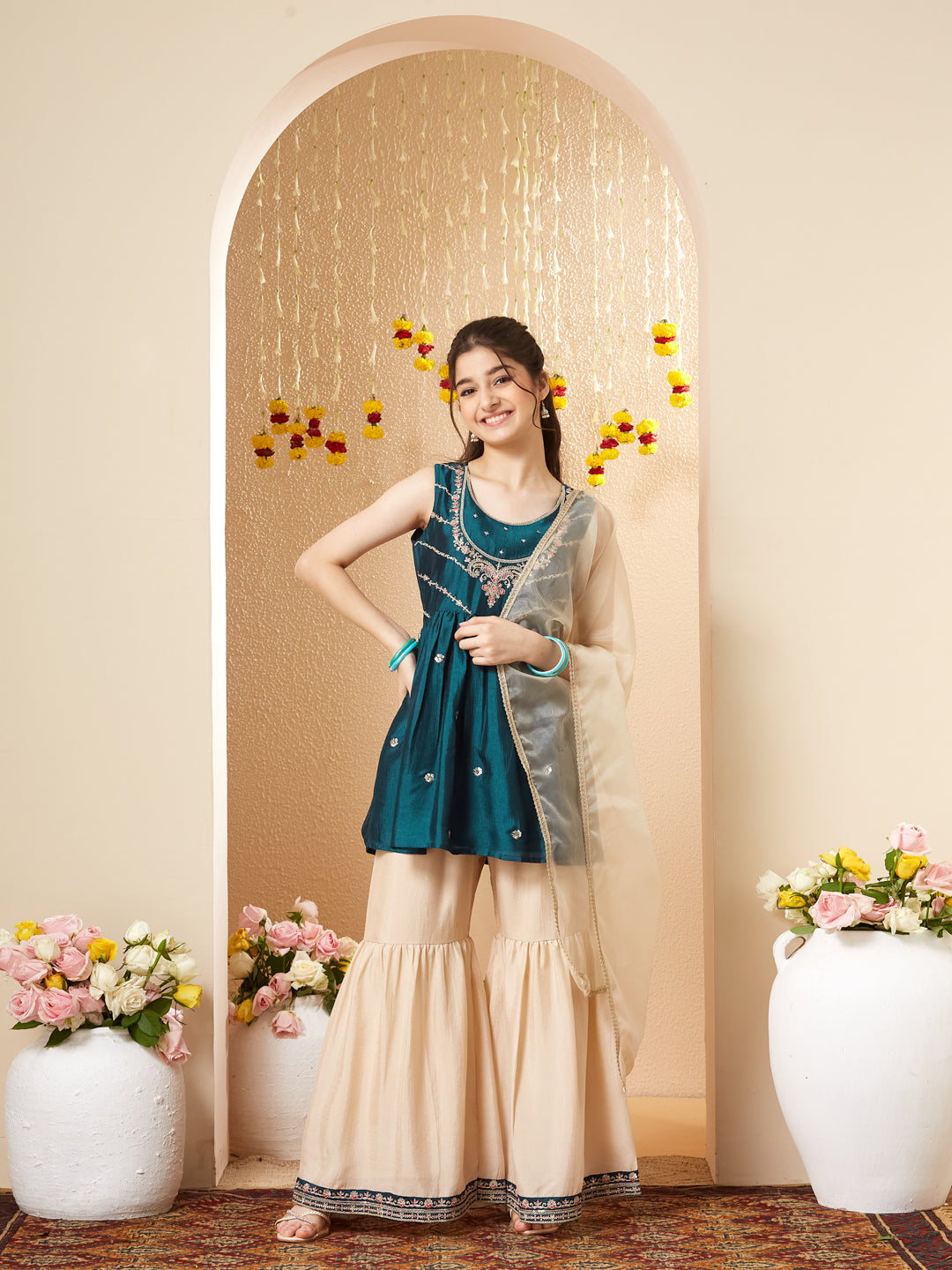 Teal Blue Silk Embroidered Kurta Sharara Set with Dupatta for Girls