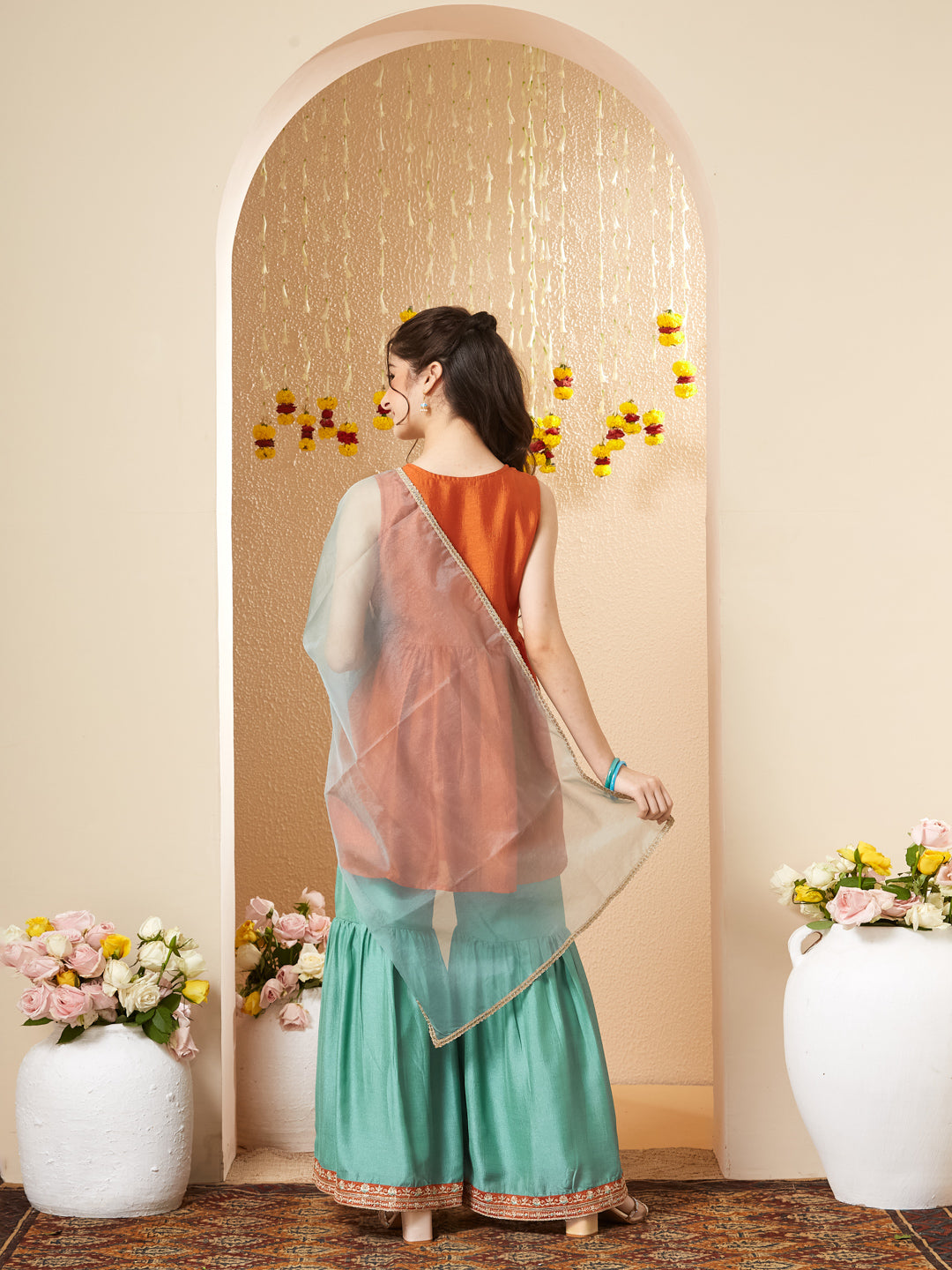 Orange Silk Embroidered Kurta Sharara Set with Dupatta for Girls