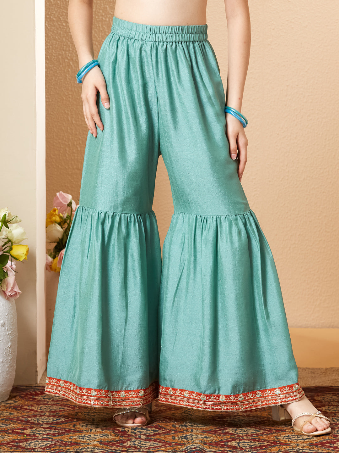 Orange Silk Embroidered Kurta Sharara Set with Dupatta for Girls