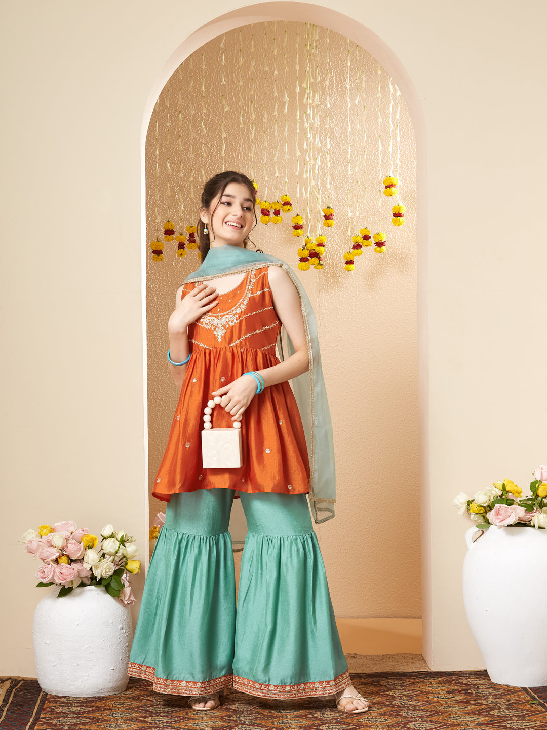 Orange Silk Embroidered Kurta Sharara Set with Dupatta for Girls