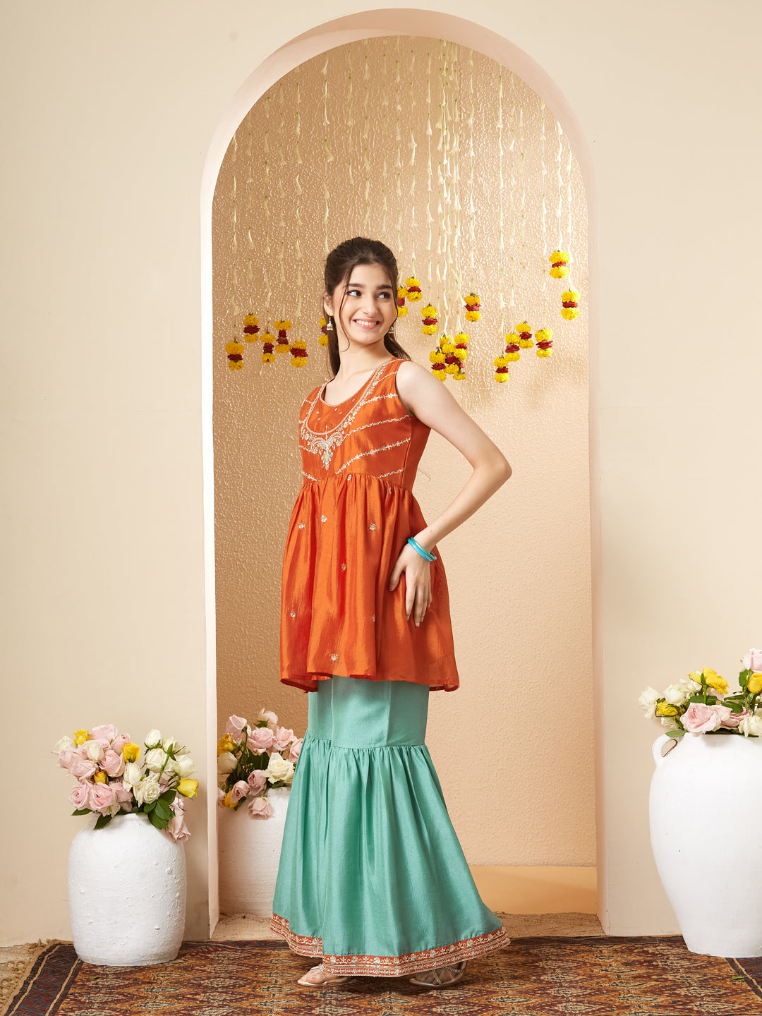 Orange Silk Embroidered Kurta Sharara Set with Dupatta for Girls