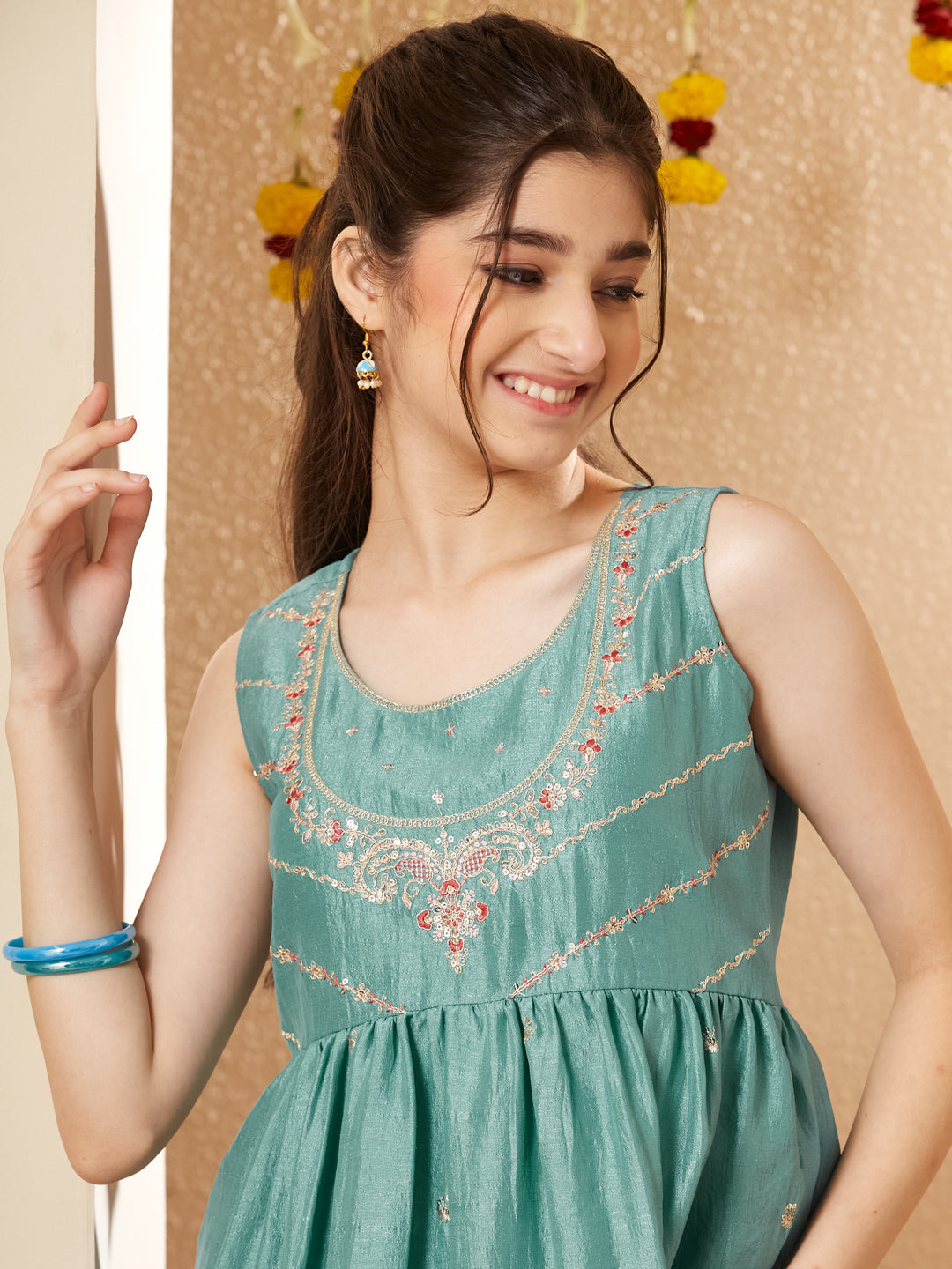 Light Blue Silk Embroidered Kurta Sharara Set with Dupatta for Girls