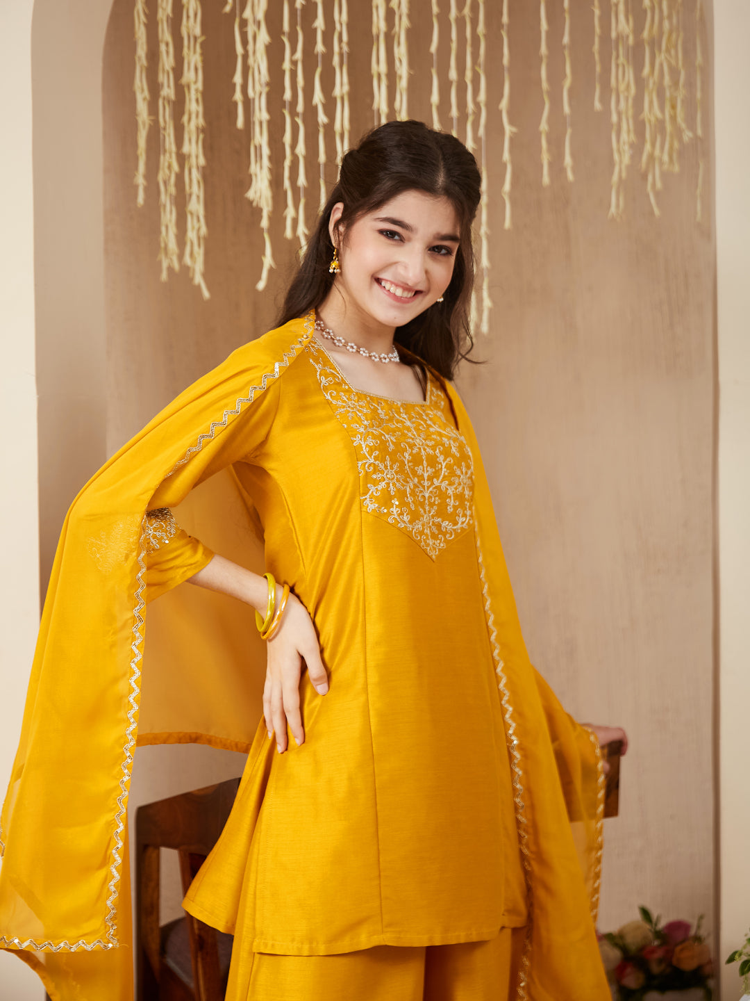 Girls mustard Silk Embroidered Kurta Palazzo Set with Dupatta