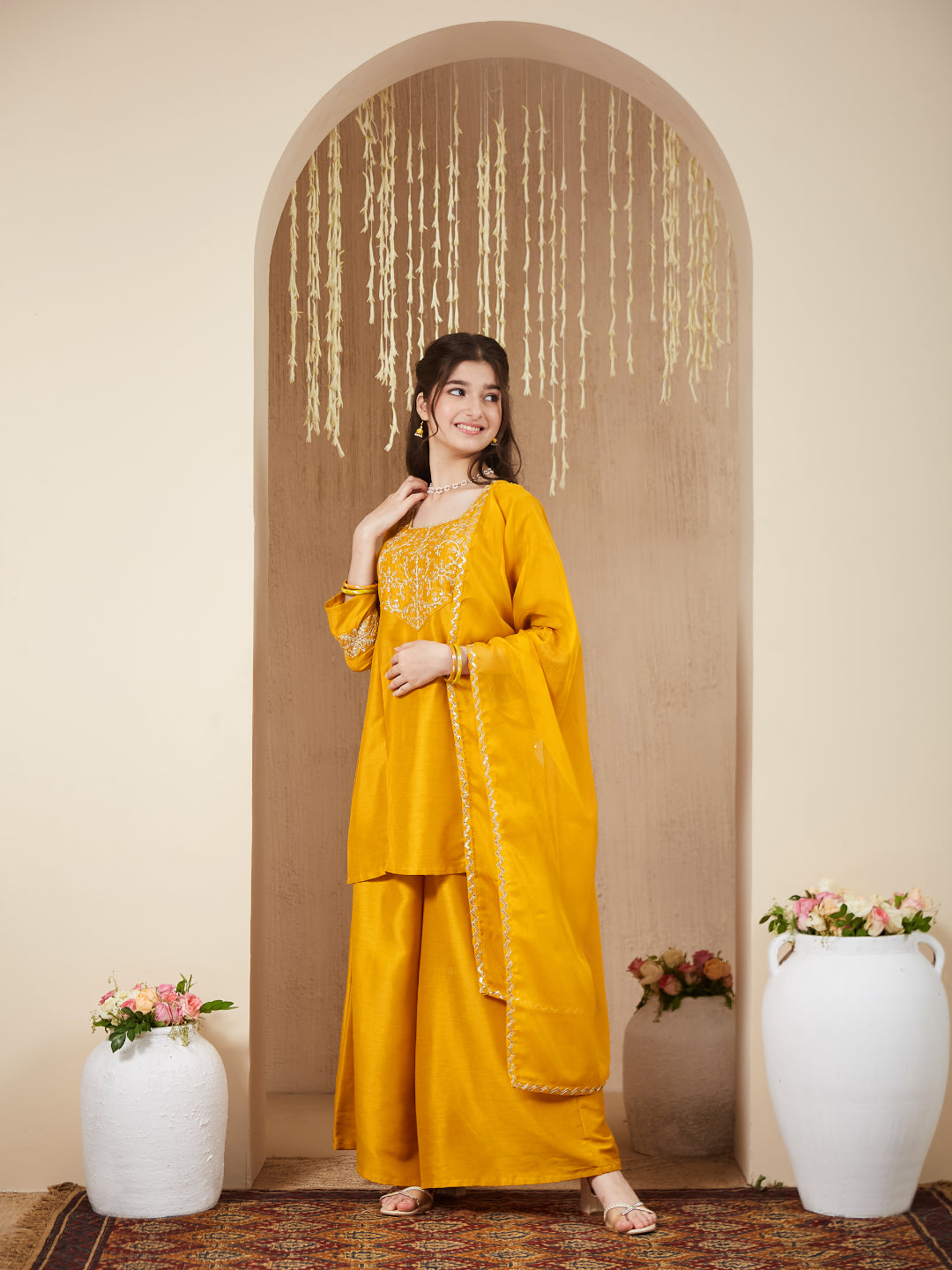 Girls mustard Silk Embroidered Kurta Palazzo Set with Dupatta