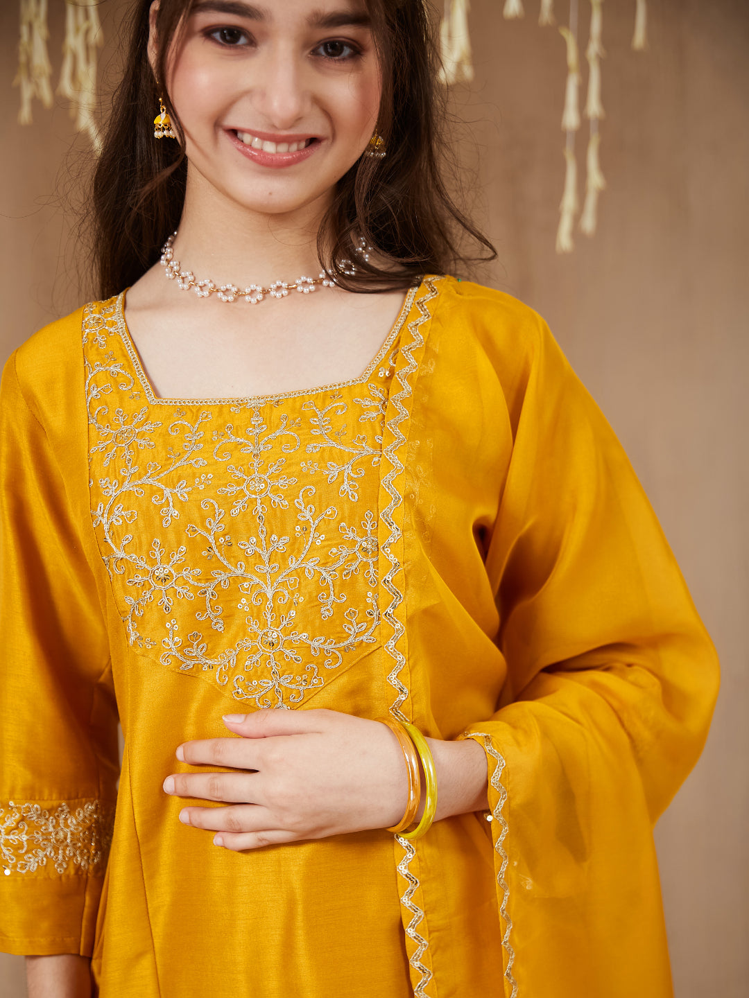 Girls mustard Silk Embroidered Kurta Palazzo Set with Dupatta