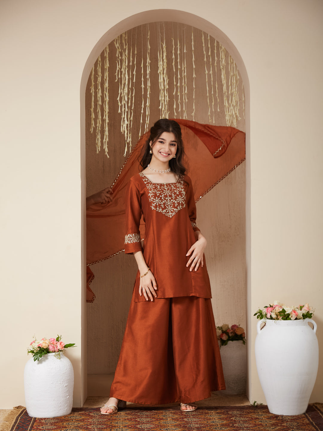 Girls coffee Silk Embroidered Kurta Palazzo Set with Dupatta