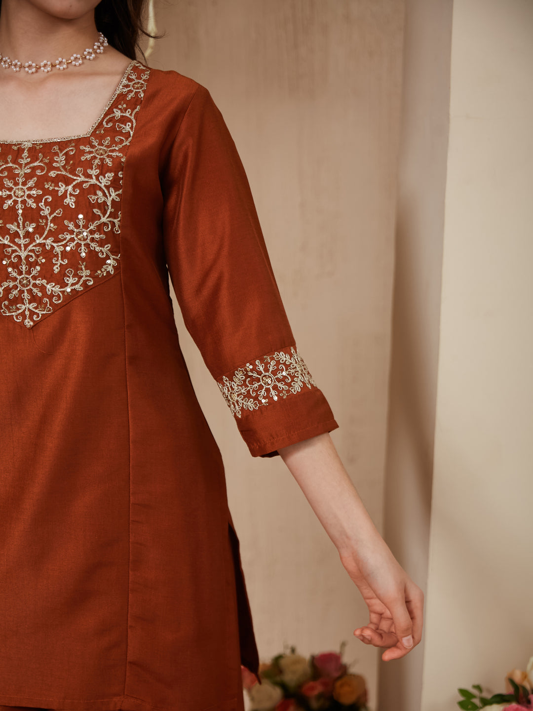 Girls coffee Silk Embroidered Kurta Palazzo Set with Dupatta