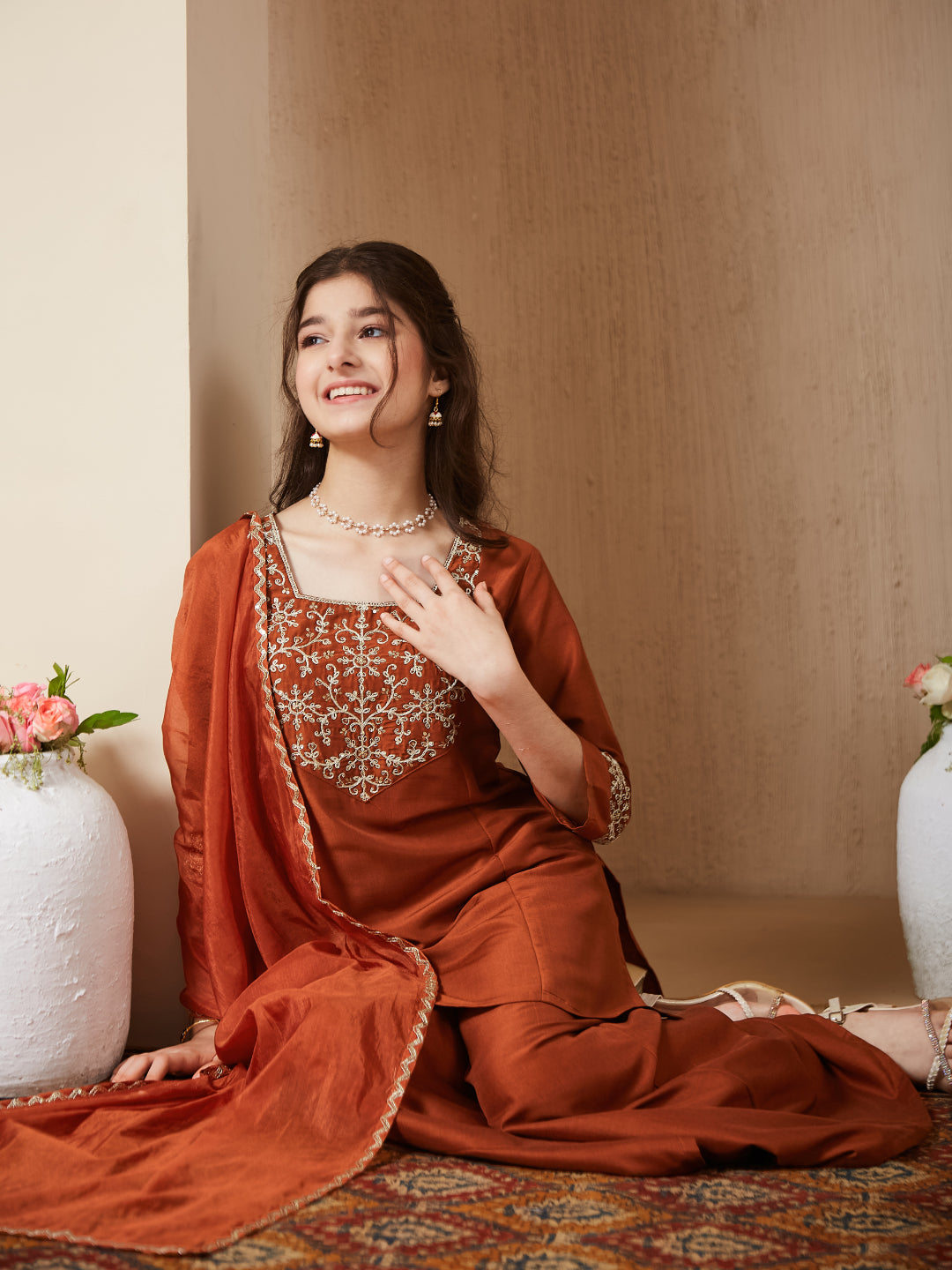 Girls coffee Silk Embroidered Kurta Palazzo Set with Dupatta