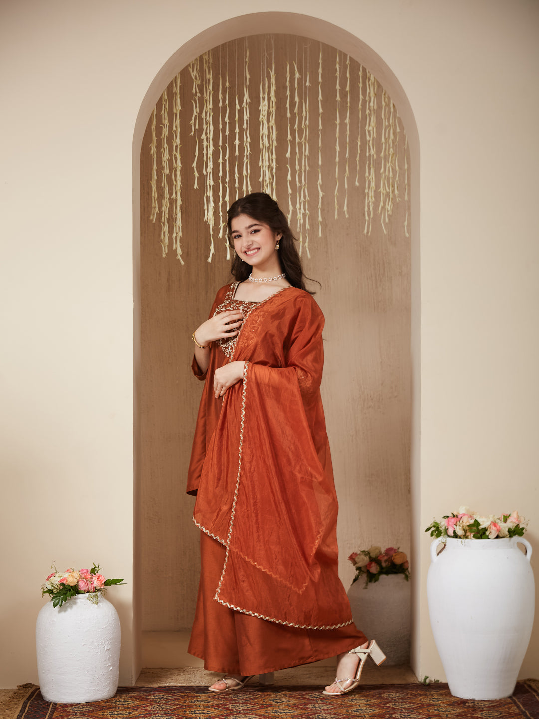 Girls coffee Silk Embroidered Kurta Palazzo Set with Dupatta