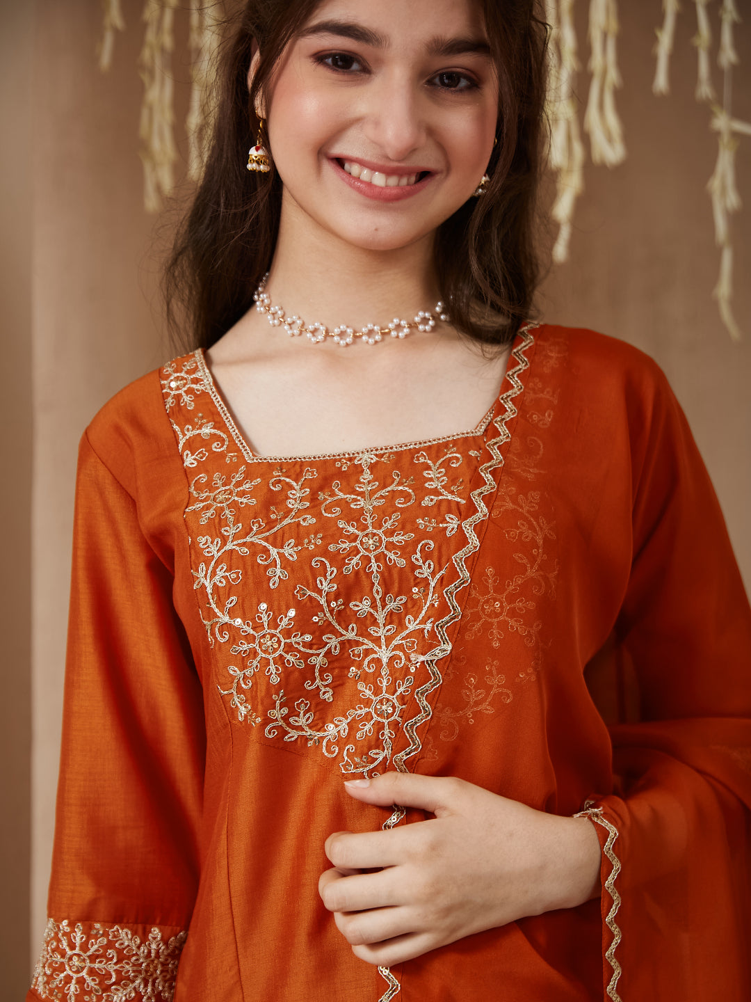 Girls Orange Silk Embroidered Kurta Palazzo Set with Dupatta