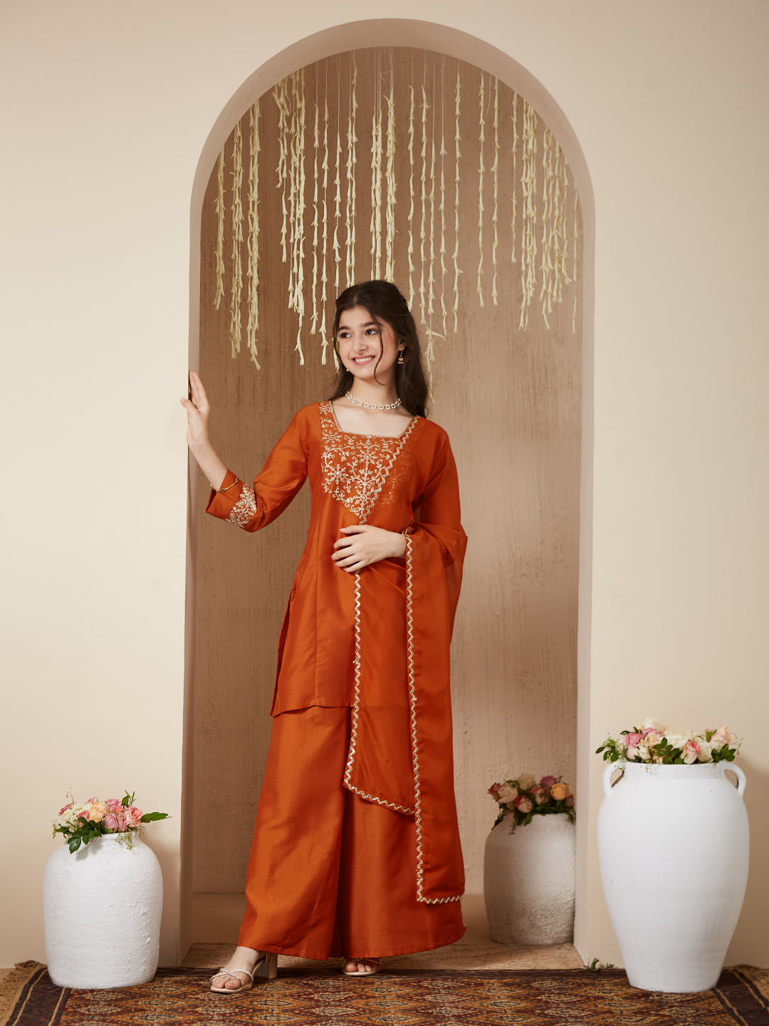 Girls Orange Silk Embroidered Kurta Palazzo Set with Dupatta