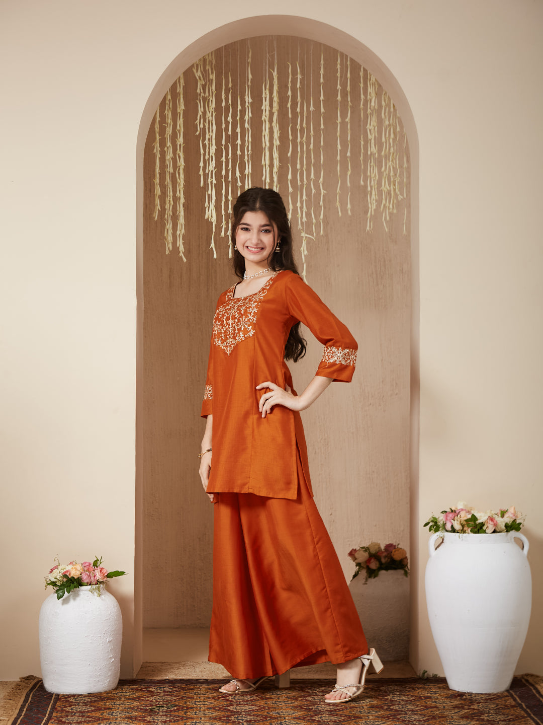 Girls Orange Silk Embroidered Kurta Palazzo Set with Dupatta