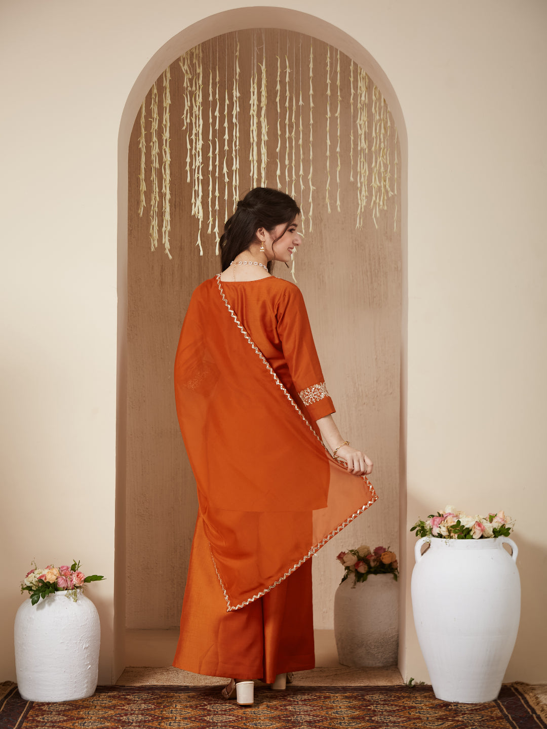 Girls Orange Silk Embroidered Kurta Palazzo Set with Dupatta