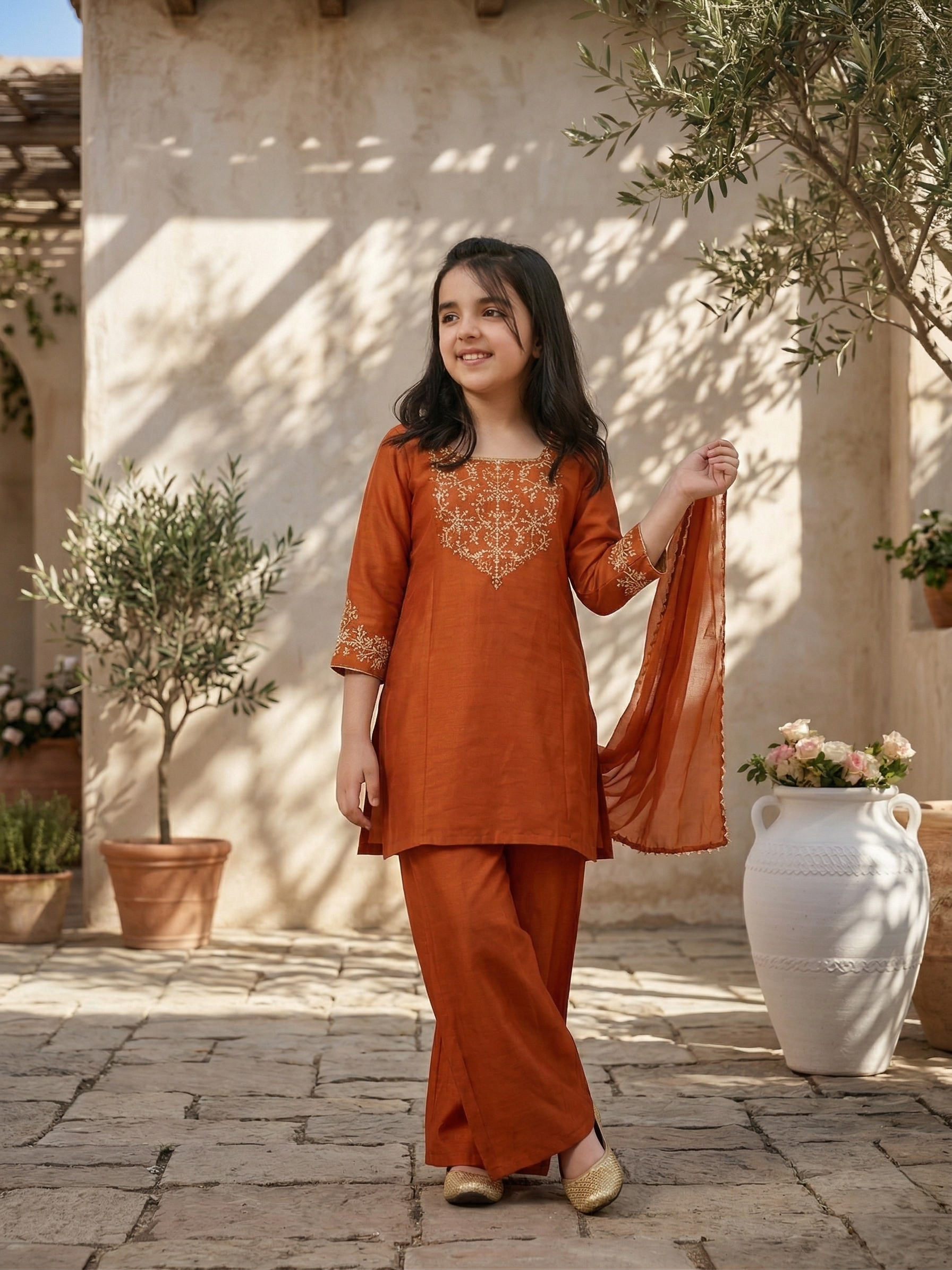 Girls Orange Silk Embroidered Kurta Palazzo Set with Dupatta