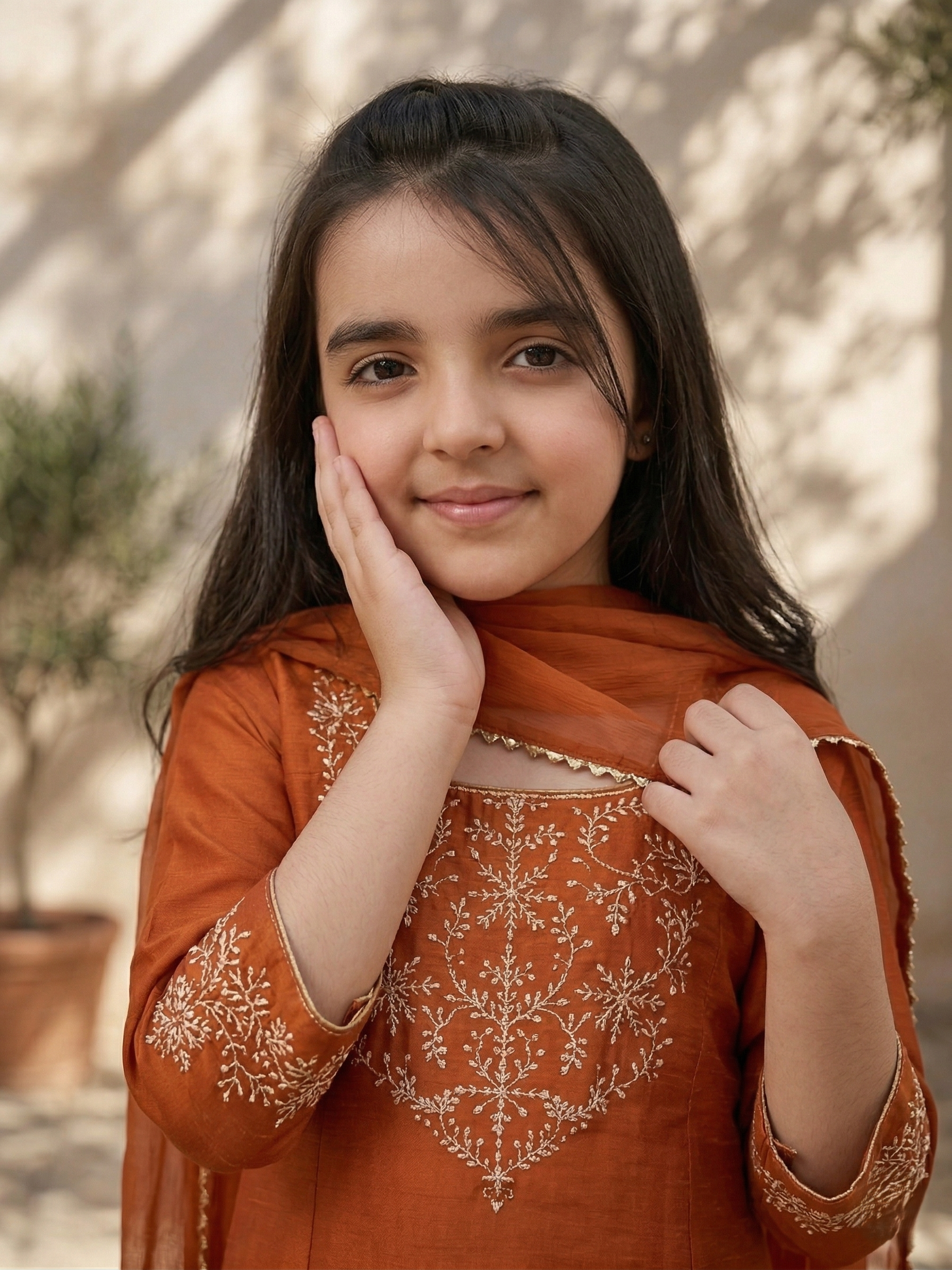 Girls Orange Silk Embroidered Kurta Palazzo Set with Dupatta