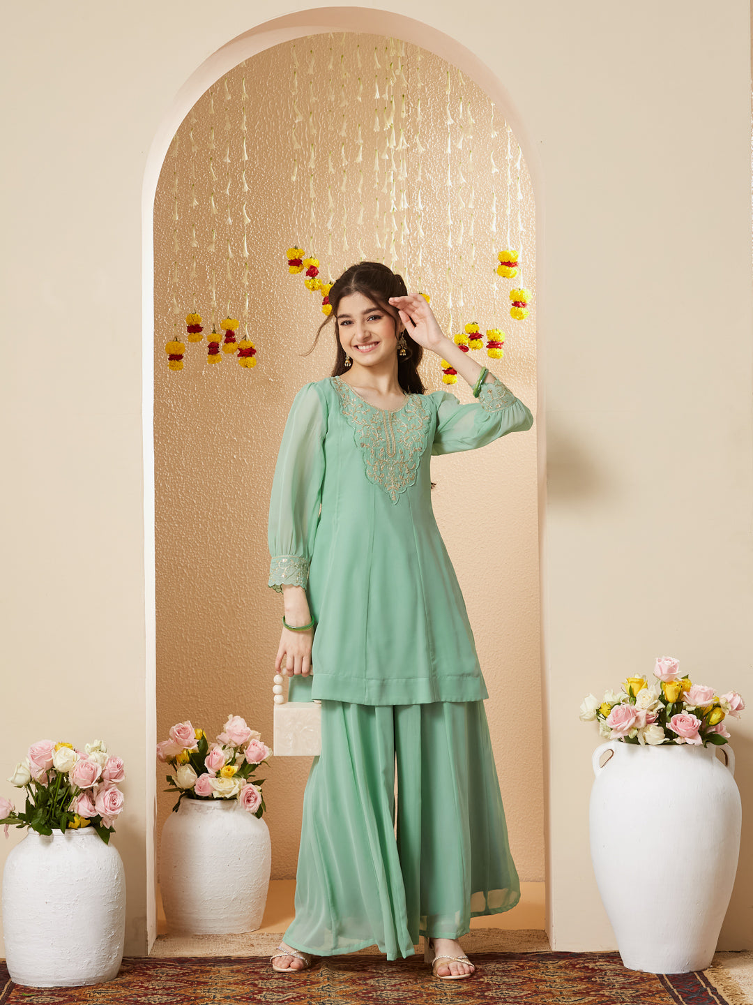 Mint Georgette Embroidered Kurta Palazzo Set for Girls
