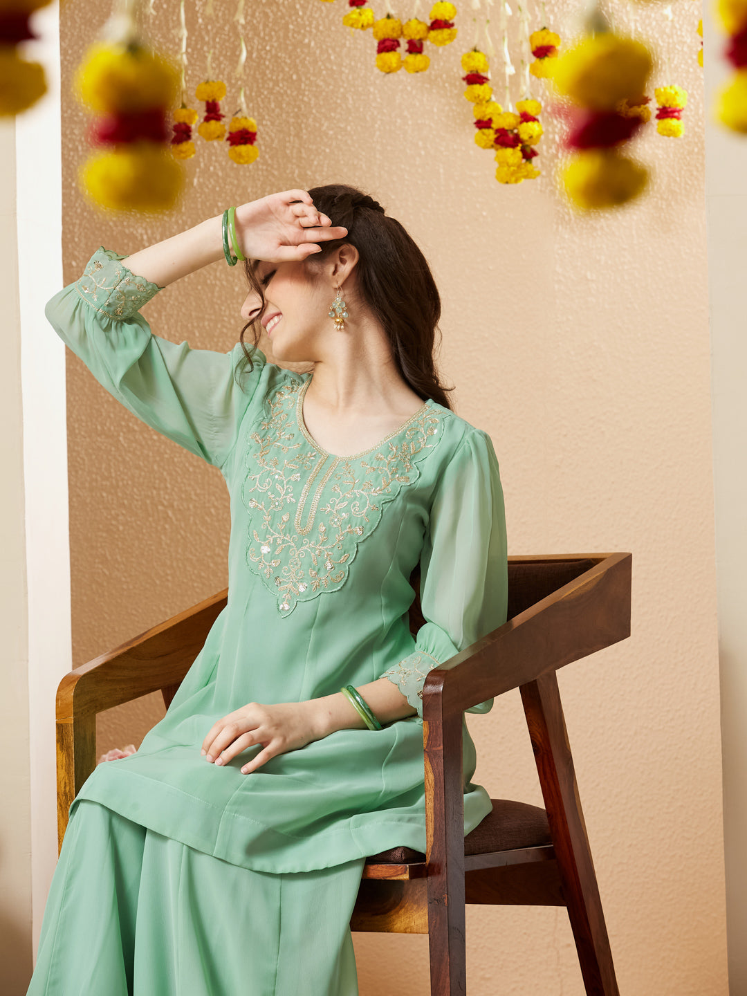 Mint Georgette Embroidered Kurta Palazzo Set for Girls