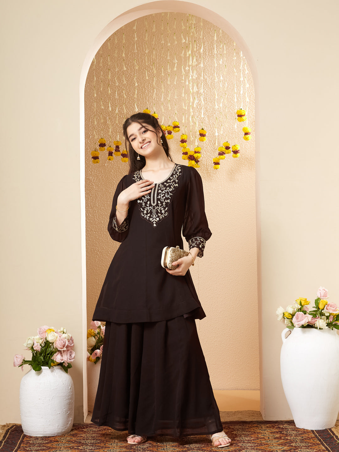 Coffee Georgette Embroidered Kurta Palazzo Set for Girls